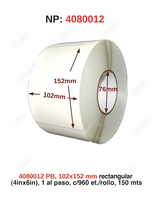 poliester blanco , 102x152mm rectangular (4inx6in), 1 al paso, c/960 et./rollo, 150 mts, 4080012, posline, barware