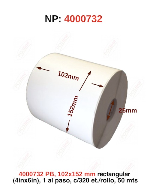 poliester blanco , 102x152mm rectangular (4inx6in), 1 al paso, c/320 et./rollo, 50 mts., 4000732, posline, barware